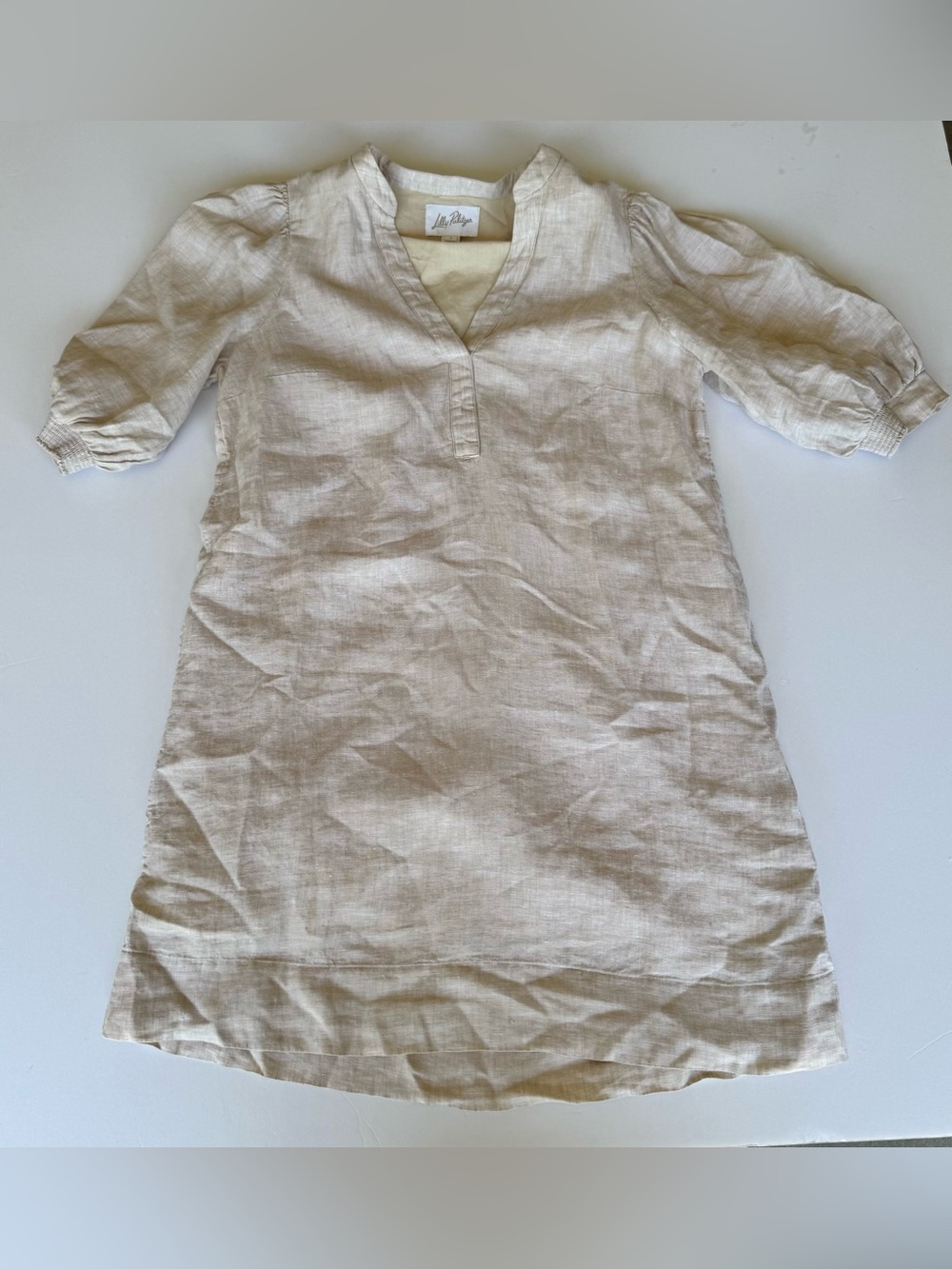 Lilly Pulitzer Mialeigh 100% Linen Shift Mini Dress Sand Puff Sleeve size 6